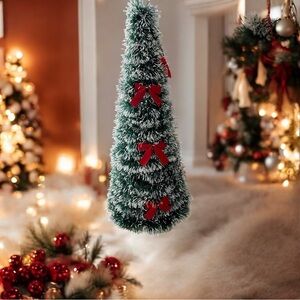 NEW Mini Tabletop Christmas Tree 18’’ Snowy Tinsel with Red Bows Holiday Decor